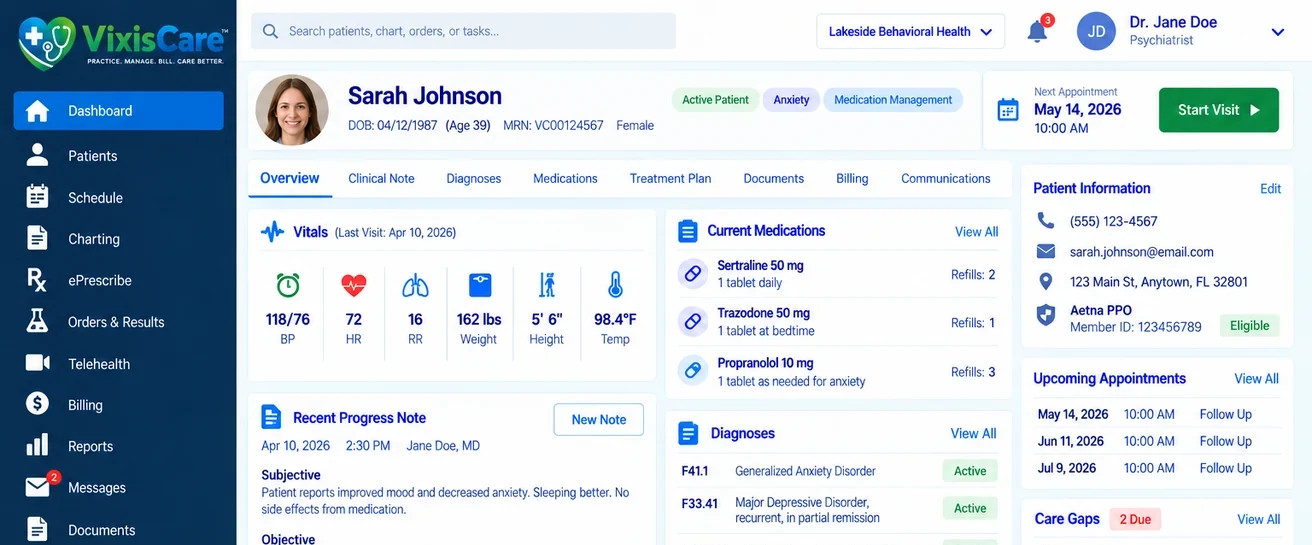 The VixisCare patient workspace showing a demonstration patient chart with vitals, medications, diagnoses, insurance and upcoming appointments. Demo data.
