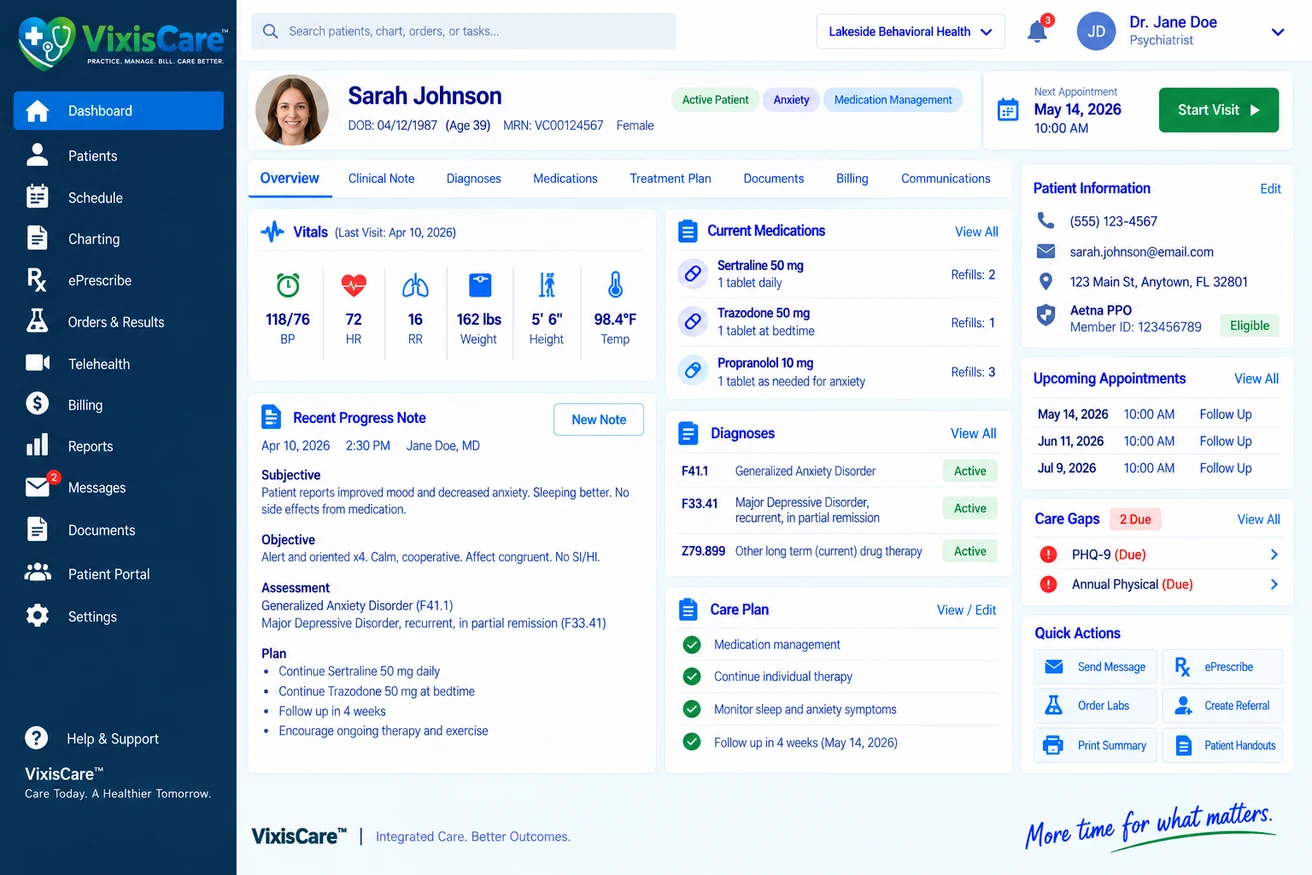 The VixisCare patient workspace: a demonstration patient chart with vitals, medications, diagnoses, insurance details and upcoming appointments. Demo data.