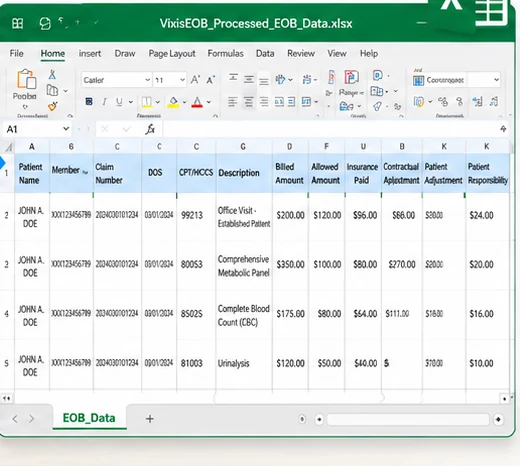 A spreadsheet of processed EOB data, one row per service line, with patient, member and claim numbers, date of service, procedure code, description, billed and allowed amounts, insurance paid, contractual adjustment and patient responsibility. Sample data.