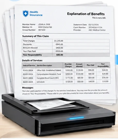 A stack of paper explanation of benefits documents on a flatbed scanner, the top one showing a sample claim summary with charges, allowed amounts, plan paid and patient responsibility, and a service line detail table. Sample data.