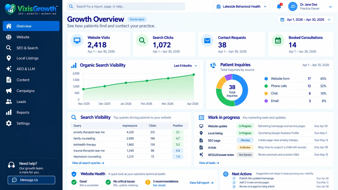 The VixisGrowth overview: website visits, search clicks, contact requests and booked consultations, with an organic search visibility trend, inquiries by source, the queries bringing people to the site, the marketing work in progress and website health. Sample data.