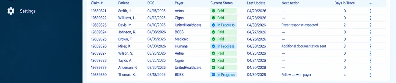 The VixisTrace claim detail view: each tracked claim with its payer, current status, last update and next action. Sample data.